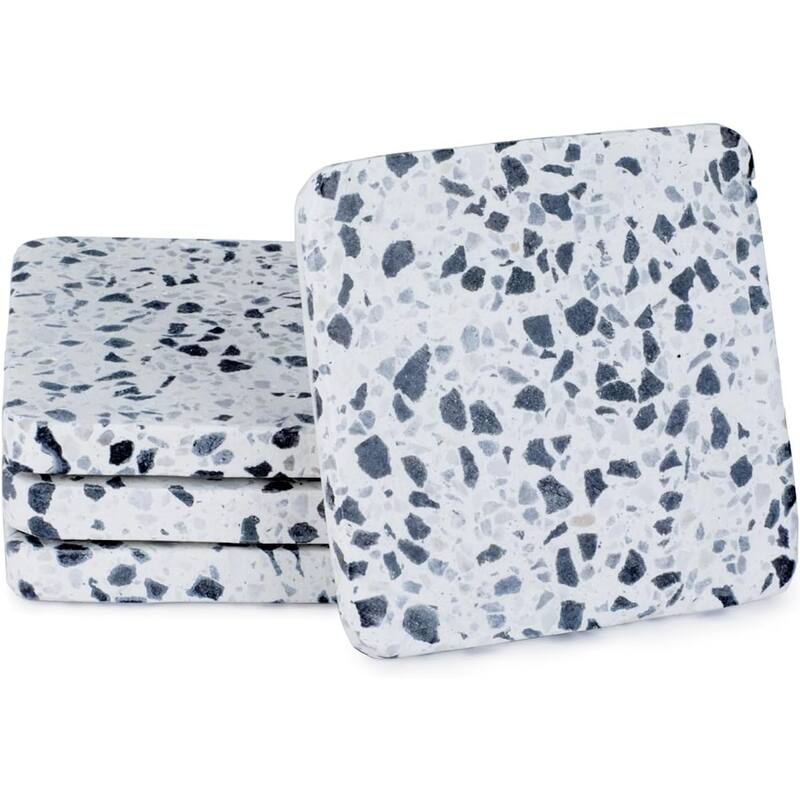 White Natural Terrazzo Coasters with Large Marble Flecks and Protective Cork Backing 4" Square Absorbent Easily Wipes Clean - Multi