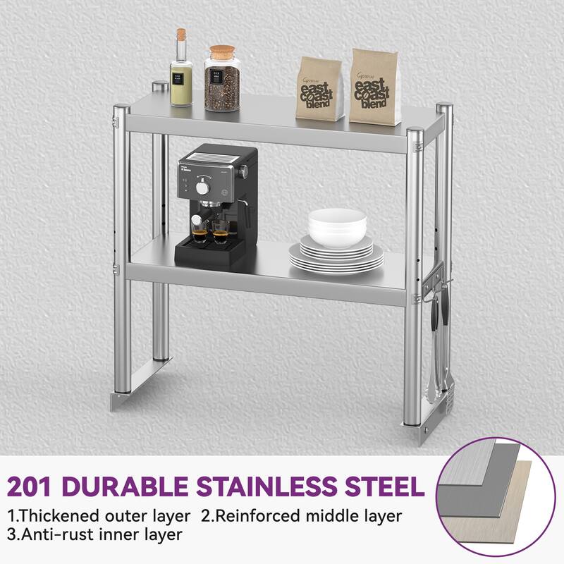 Stainless Steel Overshelf, 2 Tier Overshelf with Hook, Adjustable Double Overshelf for Kitchen Prep Table