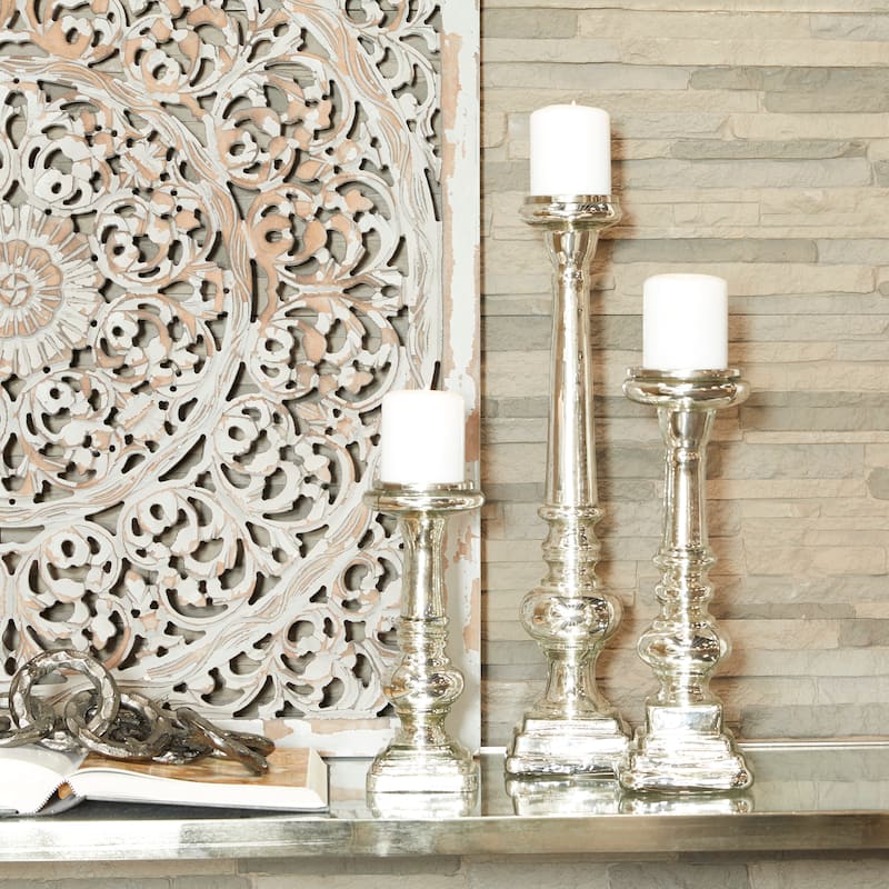 Glass Handmade Turned Style Pillar Candle Holder - Set of 3 Silver - Roche River Decor - 4"W x 4"L x 11"H