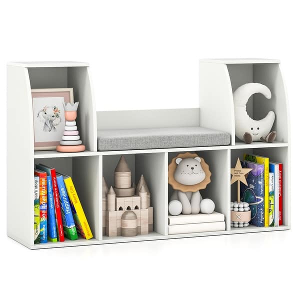 slide 2 of 10, Gymax 40''Kids Bookshelf w/Reading Nook 6 Storage Cubbies & Seat White
