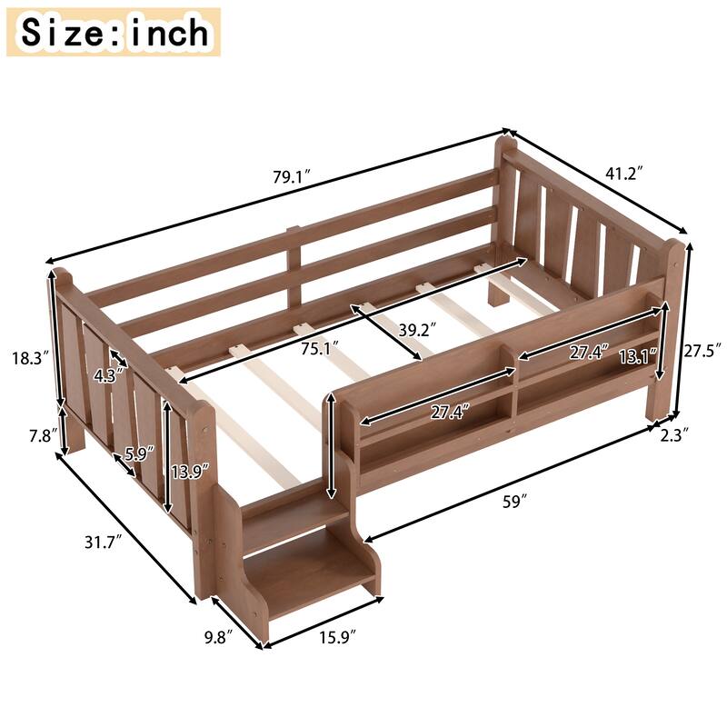 Full/Twin Floor Bed with Storage Bookcases & Cute Stairs - Solid Wood Kids Bed, No Box Spring