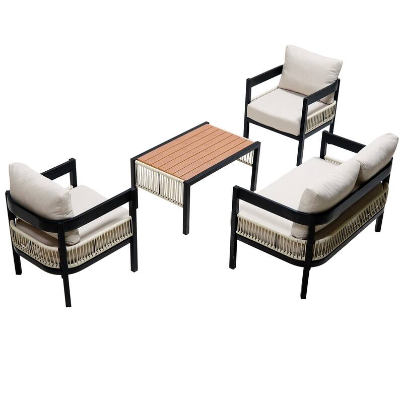 4 Pcs Outdoor Furniture Set, All-Weather Patio Conversation Set with Resistant Cushions, Sofa Chair and Coffee Table