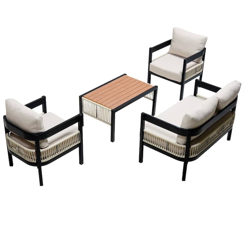 4-Piece Outdoor Iron Cnversation Sofa Set with Coffee Table, Rattan Decoration