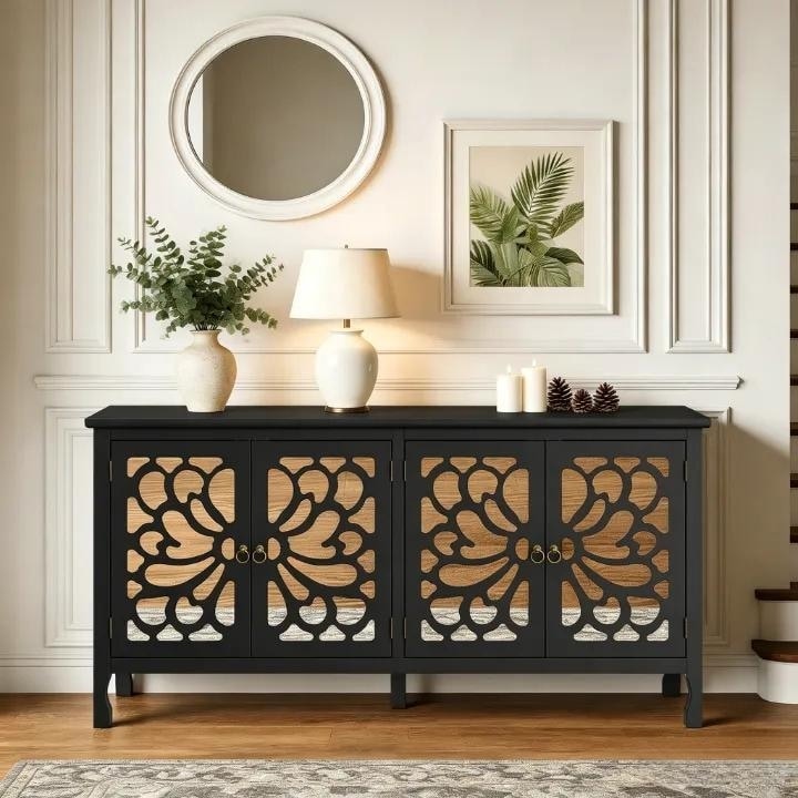63'' Modern Buffet Cabinet with Mirrored Door and Adjustable Shelves