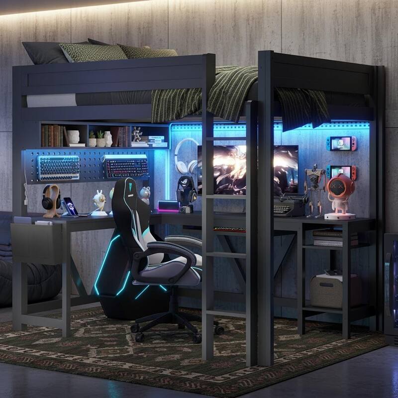Full Size Gaming Loft Bed with LED Lighting, Built-in Desk, Storage & Charging Ports by Harper&Bright Designs - Black