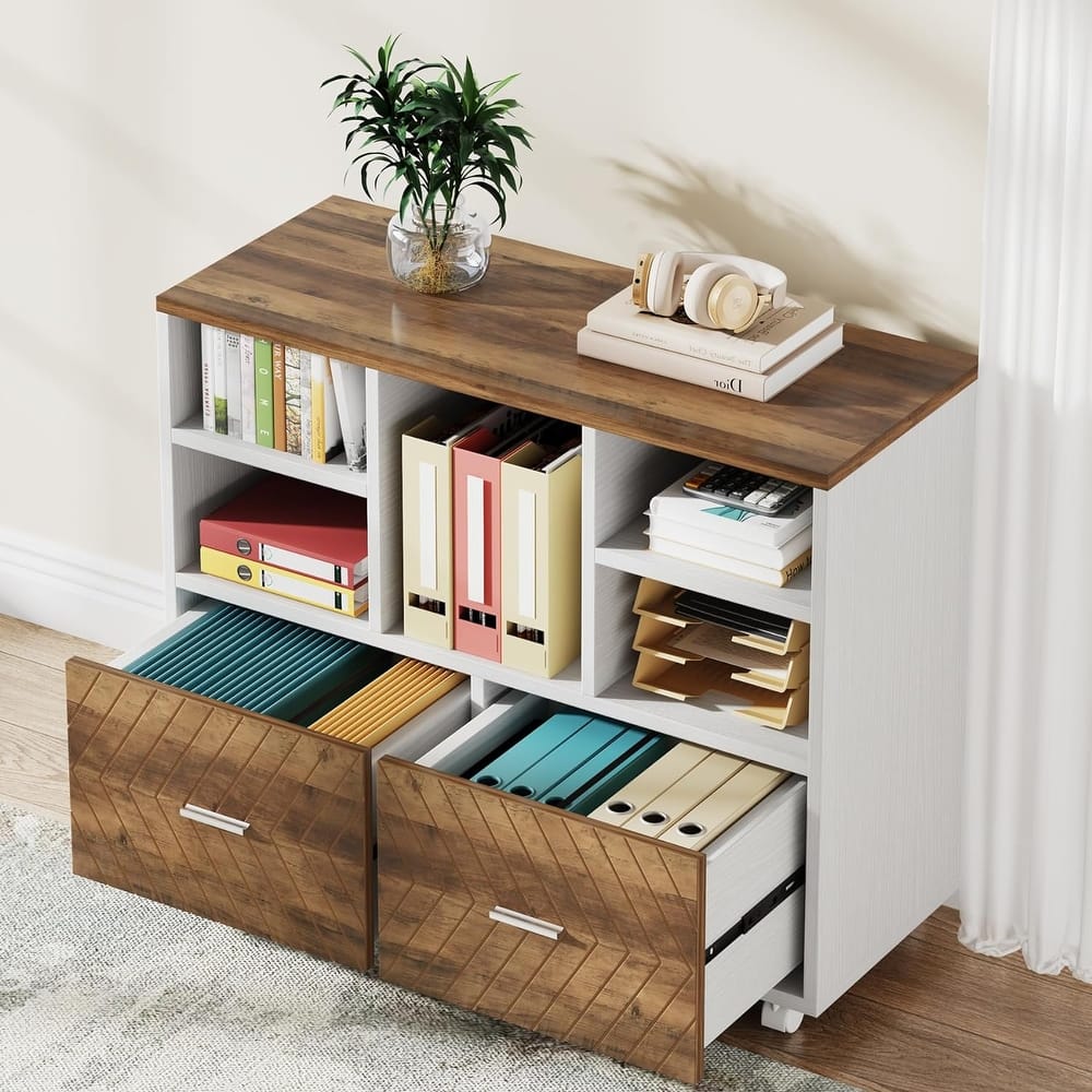 2-Drawer Wood Mobile File Cabinet Holds Letter Size Files with Shelves, Home Office Printer Stand