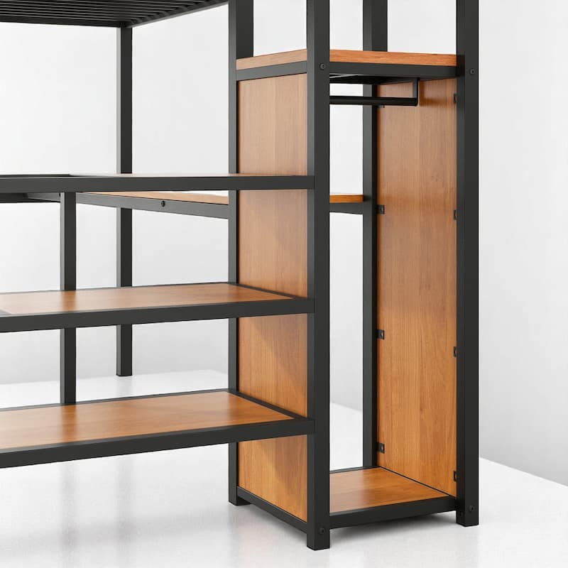 Full Metal Loft Bed with Built-in Desk, Stair Storage, Clothes Rack Wardrobe & Color LED Lighting