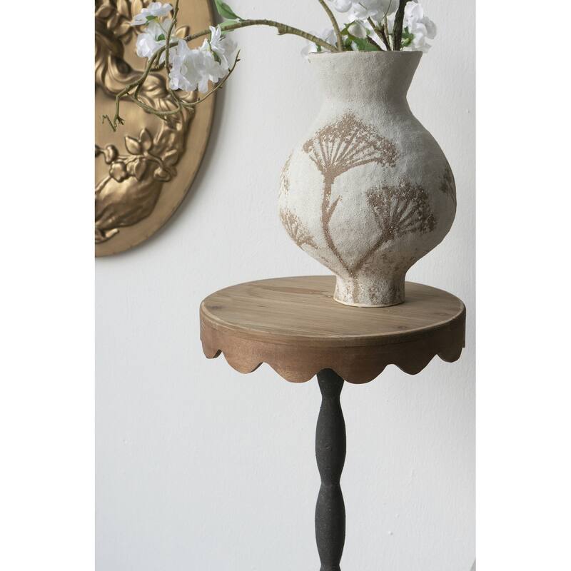 D12x29.5" Black Iron Side Table with Scalloped Brown Wooden Top