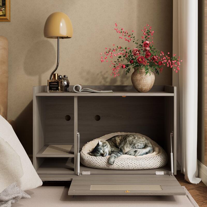 Cat Litter Box Enclosure,Hidden Litter Box Furniture with Top Side Fence,Wooden Pet House Side End Table