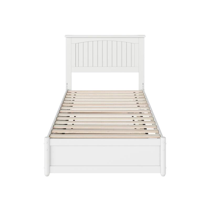 Twin Platform Bed with Trundle - White Wood Bed Frame & Panel Headboard - Space Saving Design