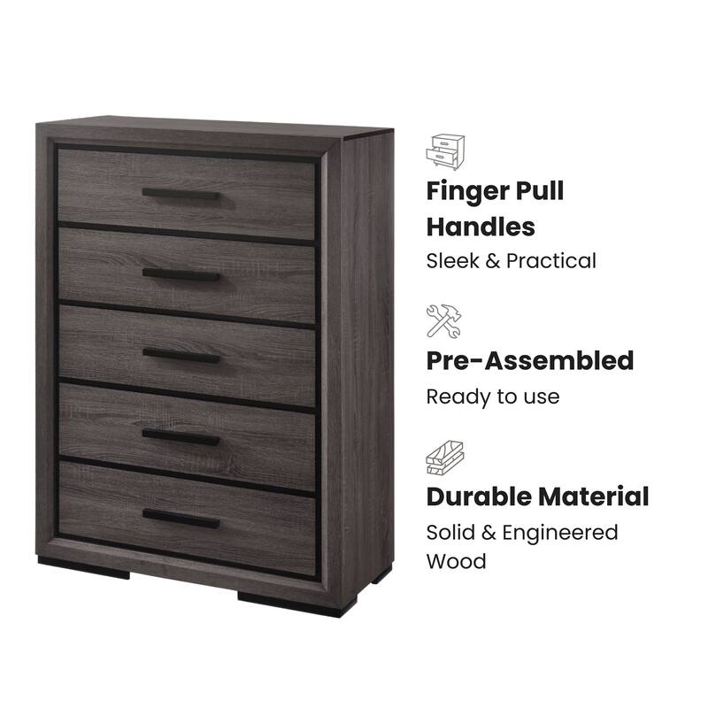 Rothwell Contemporary Grey 5-Drawer Chest with Black Trim by Furniture of America