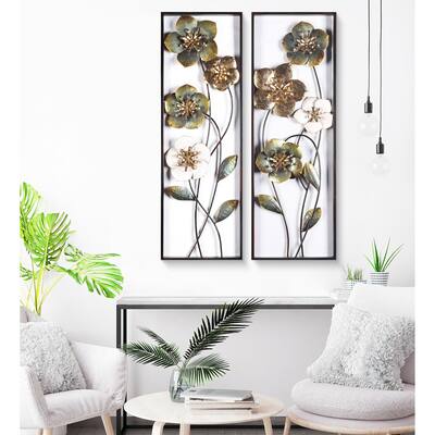 Metal Green, White, and Gold Wild Flowers Wall Decor (Set of 2)
