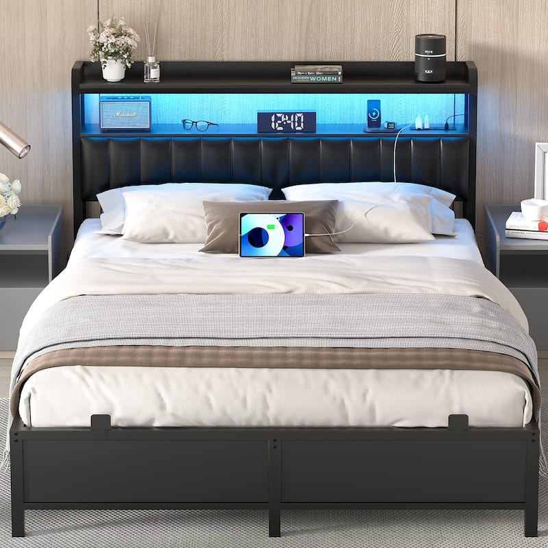 Platform Bed Frame with Upholstered Storage Headboard, Full/ Queen/ King Beds with Charge Station and LED Lights - Black - Queen