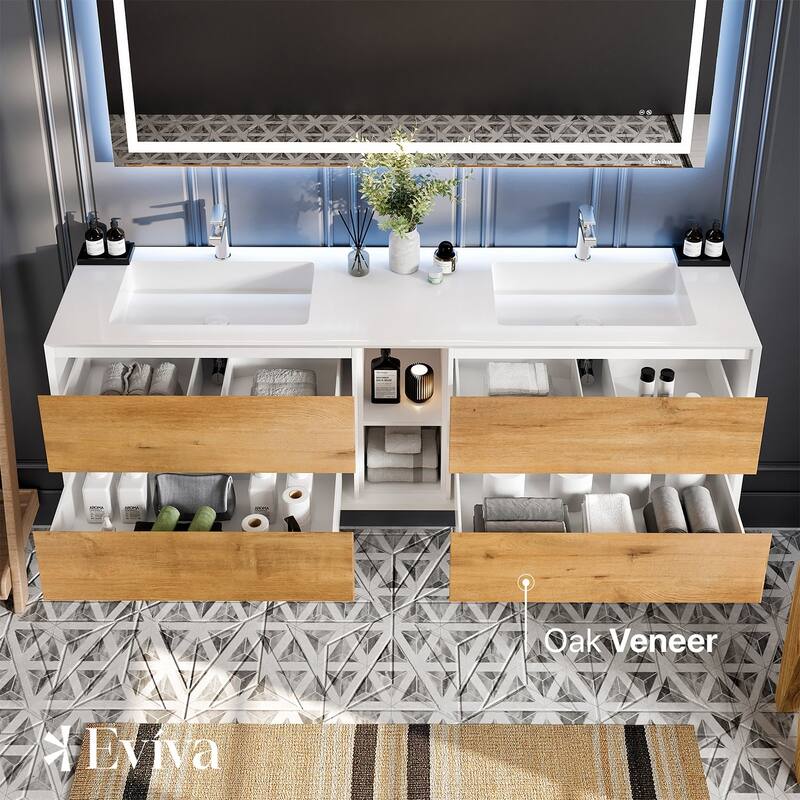 Eviva Vienna 75" White DS Bath Vanity with Integrated Acrylic Top