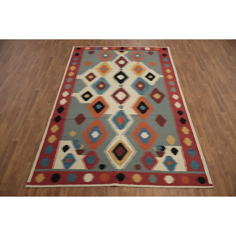 Hand Woven Oriental 100% Wool Carpet Southwestern Modern Greys & Charcoal Kilim Area Rug - 9' 9'' X 6' 7''