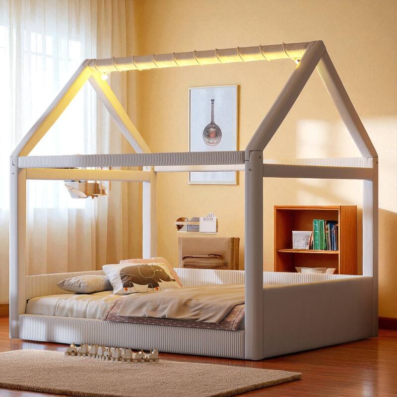 Full Size Upholstered House Daybed with Corduroy Fabric and LED Light Strip, Wood Frame, No Box Spring Needed