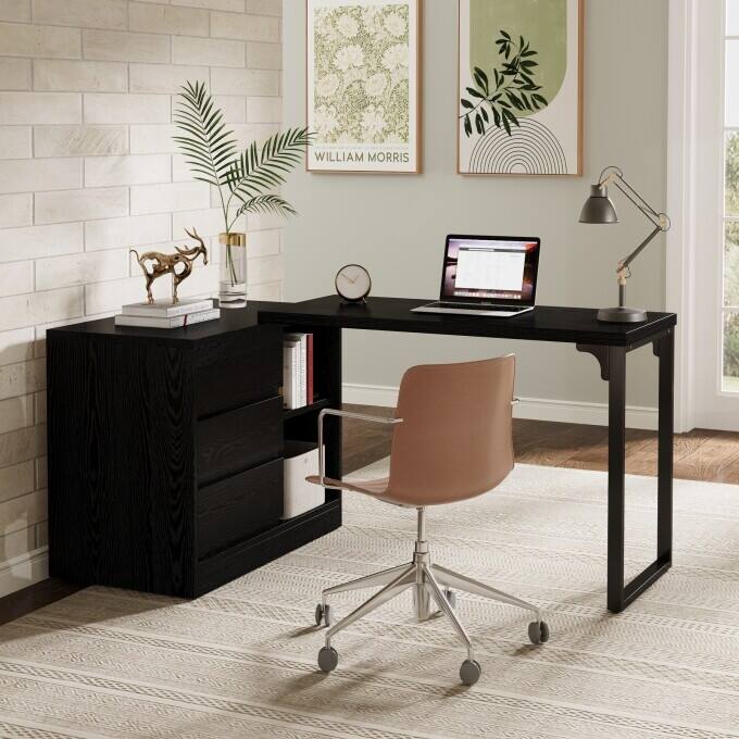 Versatile L-shaped White Computer Desk with Drawers and Shelves