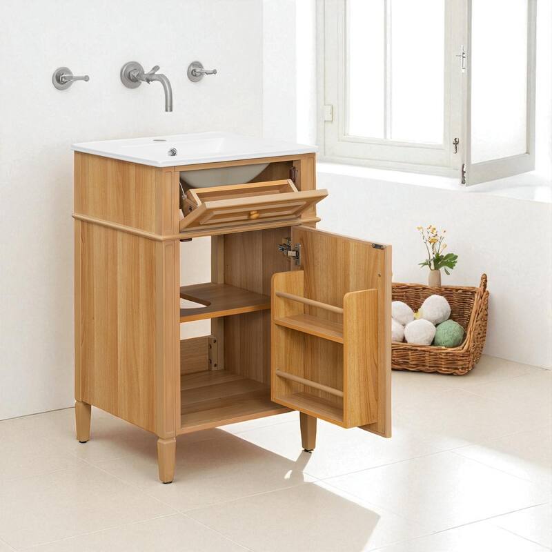 20-Inch Modern Bathroom Vanity with Ceramic Sink, Solid Wood Legs, Tilt-Out Drawer and Adjustable Storage Cabinet
