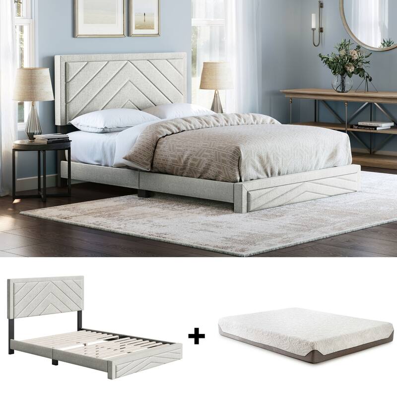 Modern Platform Bed and Mattress Bundle - Bed Frame with 8 in. Memory Foam Mattress Included by Boyd Sleep - Off White - Queen