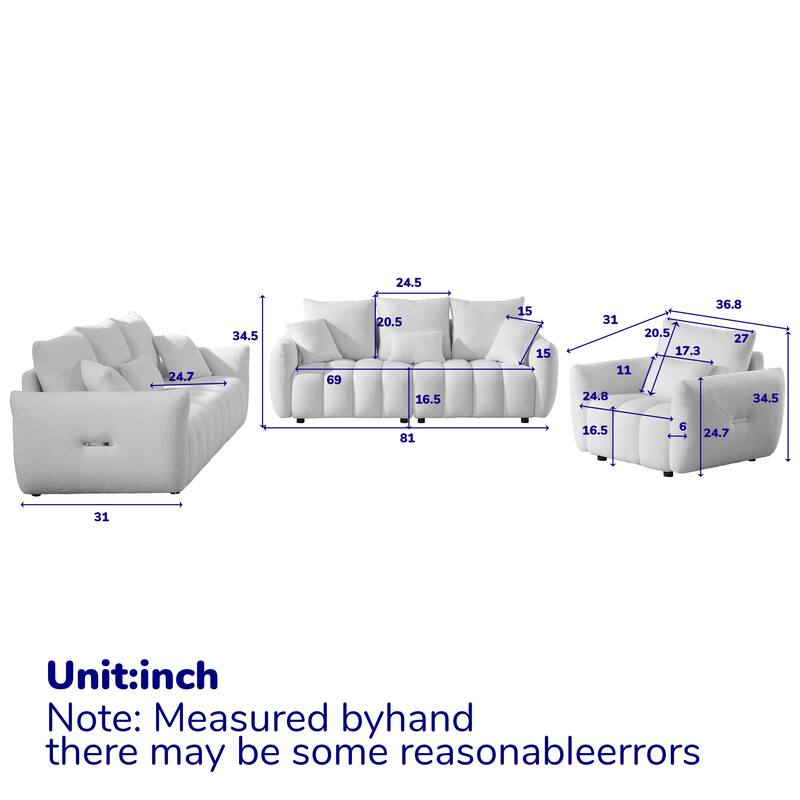 Modern Living Room Teddy Fabric Sofas Set, 1+3+3 Seater Couches