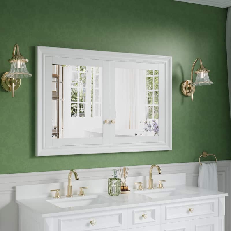 32''H Recessed Mount Solid Wood Framed Medicine Cabinet With Mirror and Shelves