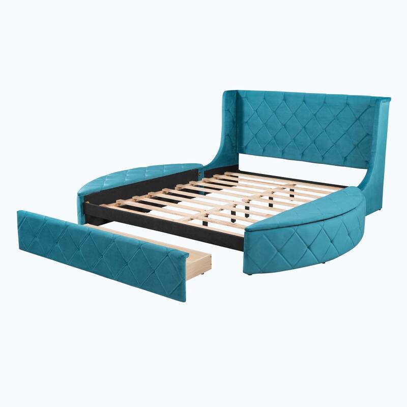 Queen Size Upholstered Platform Bed with Wingback Headboard and 1 Big Drawer,2 Side Storage Stool