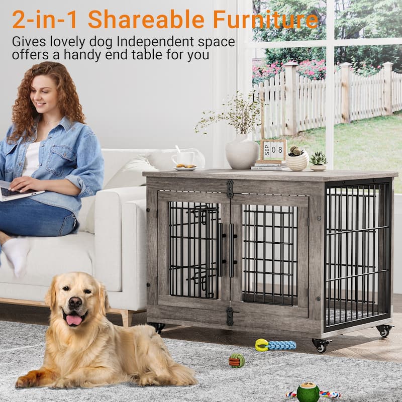 Dog Crate Indoor Heavy Duty Double Doors Wooden Dog Cage with Cushion