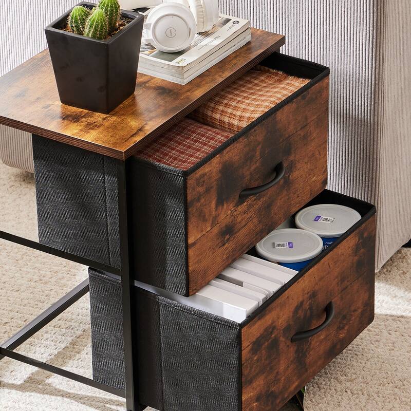 2-Drawer Dresser Chest, Small Fabric Nightstand with Wooden Top and Adjustable Feet,18x20 inch
