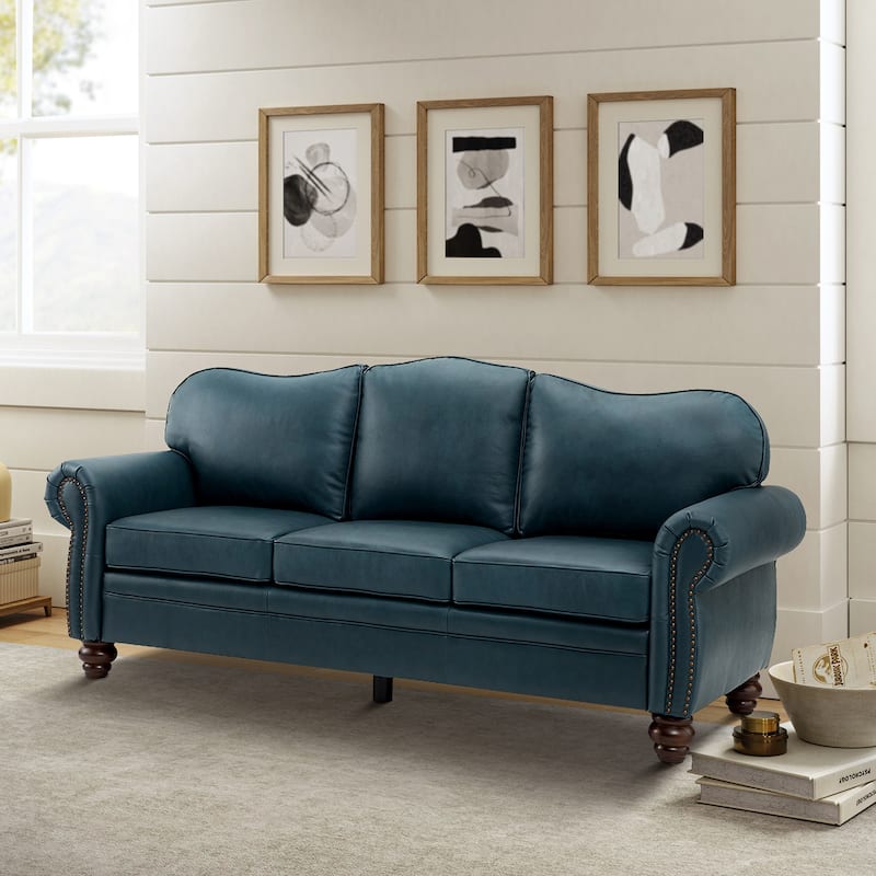 Balvino 81" Wide Transitional Genuine Leather Rolled Arm Sofa with Nailhead Trim and Removable Cushions - TURQUOISE