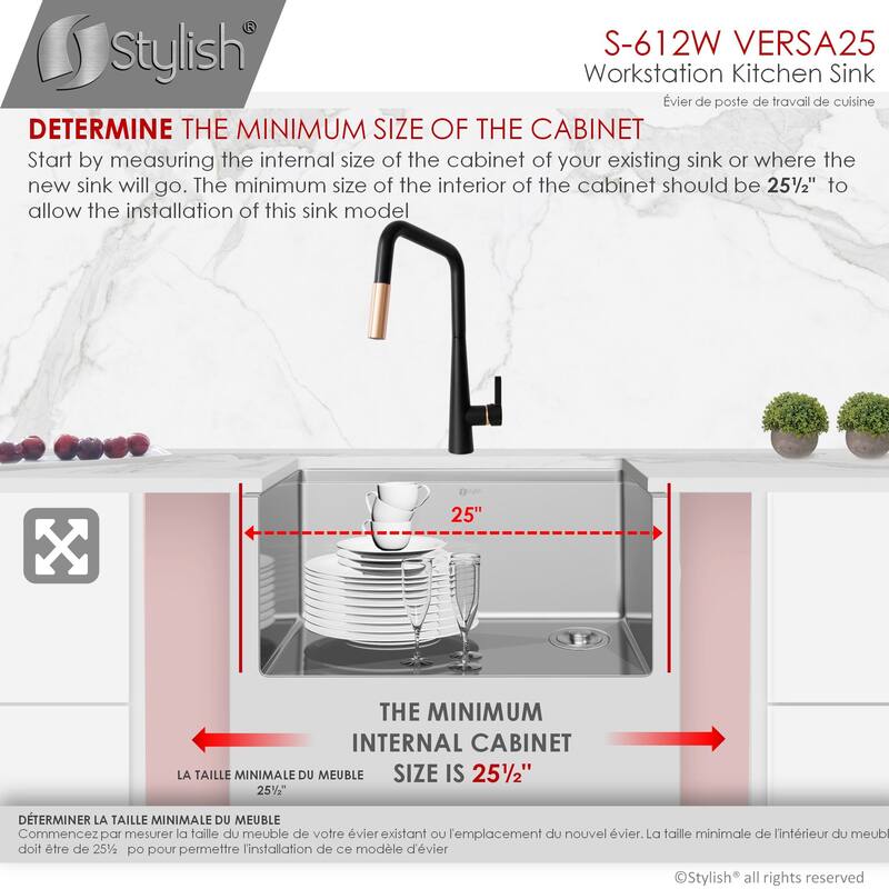 STYLISH 25 inches Workstation Single Bowl Undermount 16 Gauge Stainless Steel Kitchen Sink with Built in Accessories Handmade