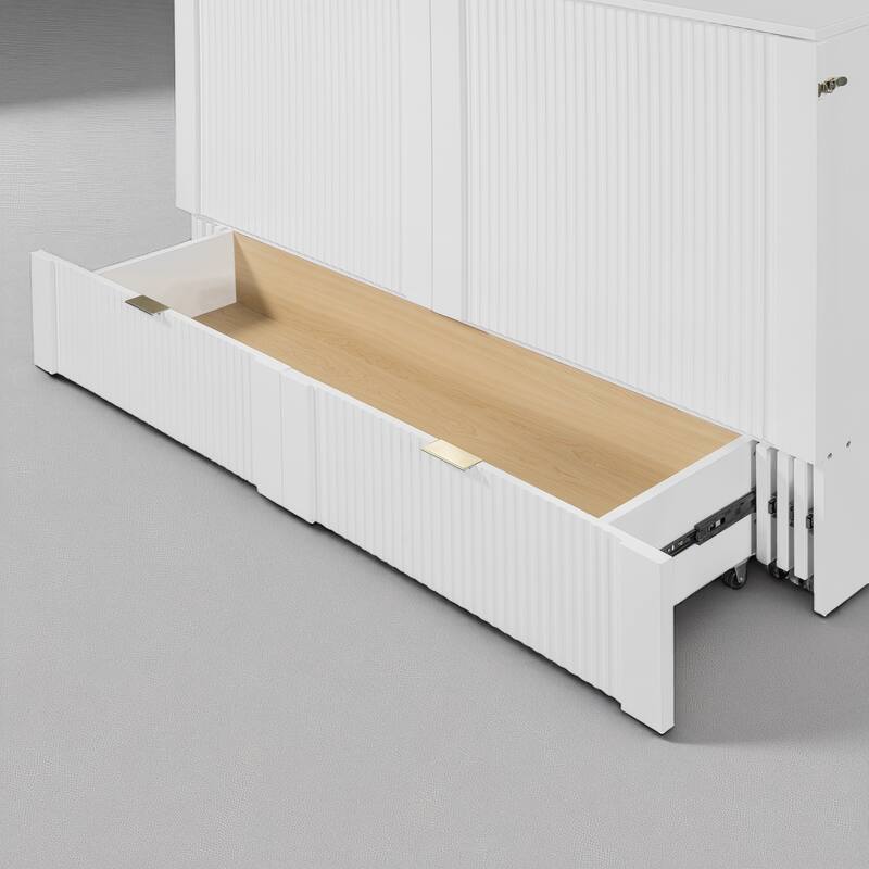 Full/Queen Size Murphy Bed Cabinet with Pulley Folding Design, USB Ports, Sockets and Large Storage Drawer