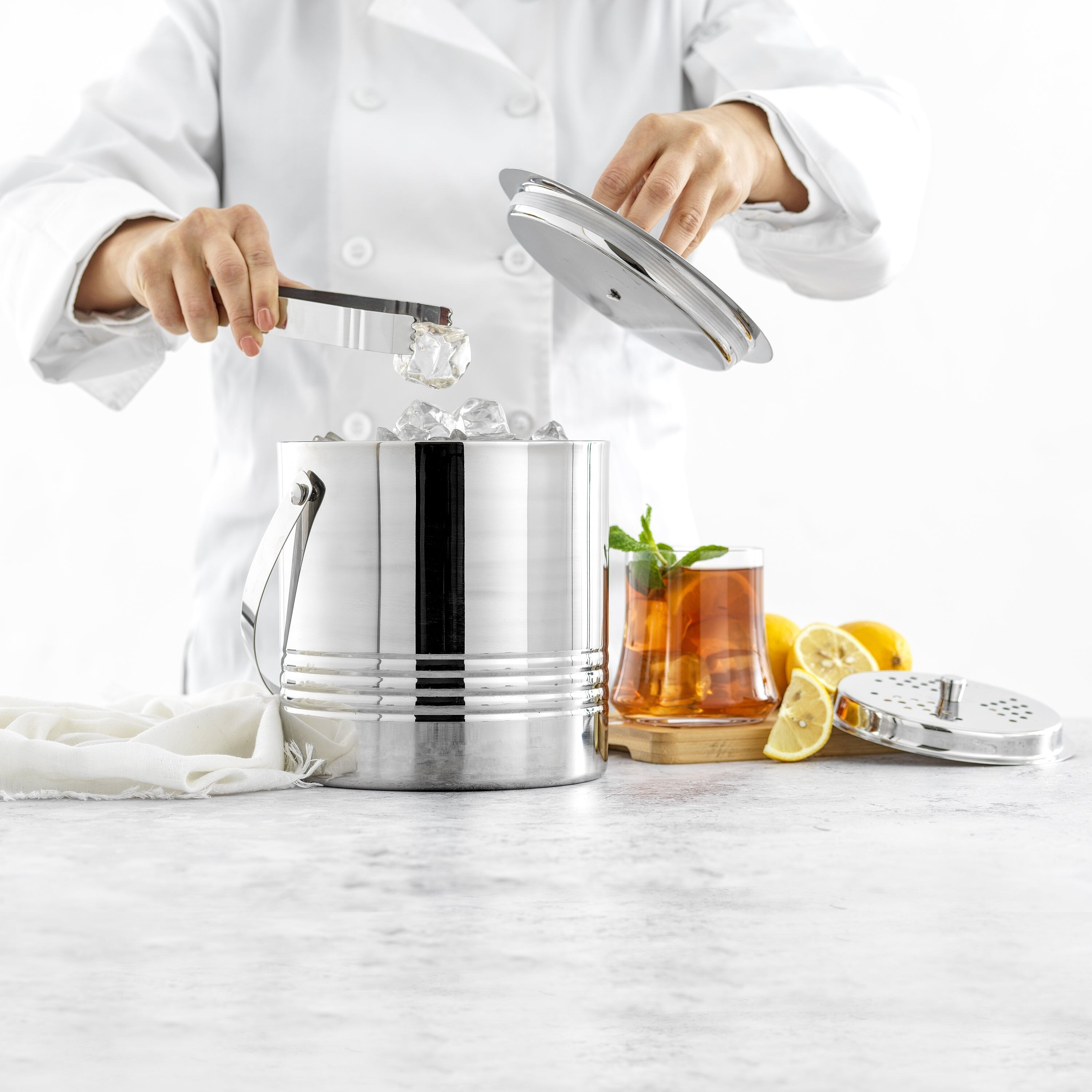 JoyJolt Double Wall Stainless Steel Ice Bucket with strainer and Tongs
