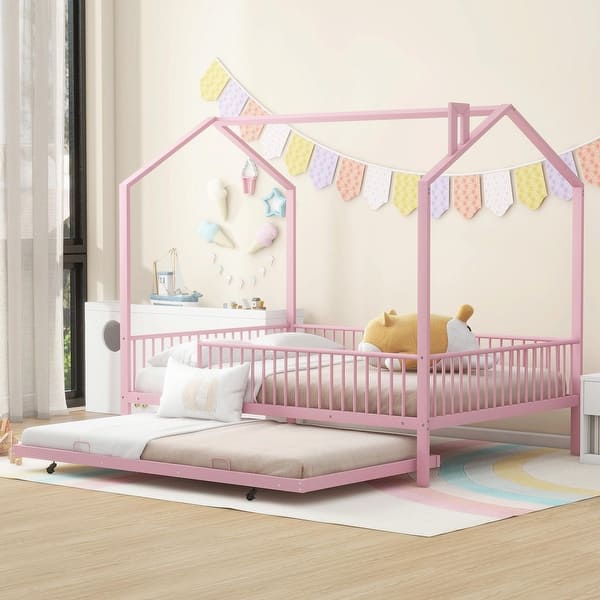 slide 2 of 11, Metal House Bed with Fence, With Trundle Pink - Full