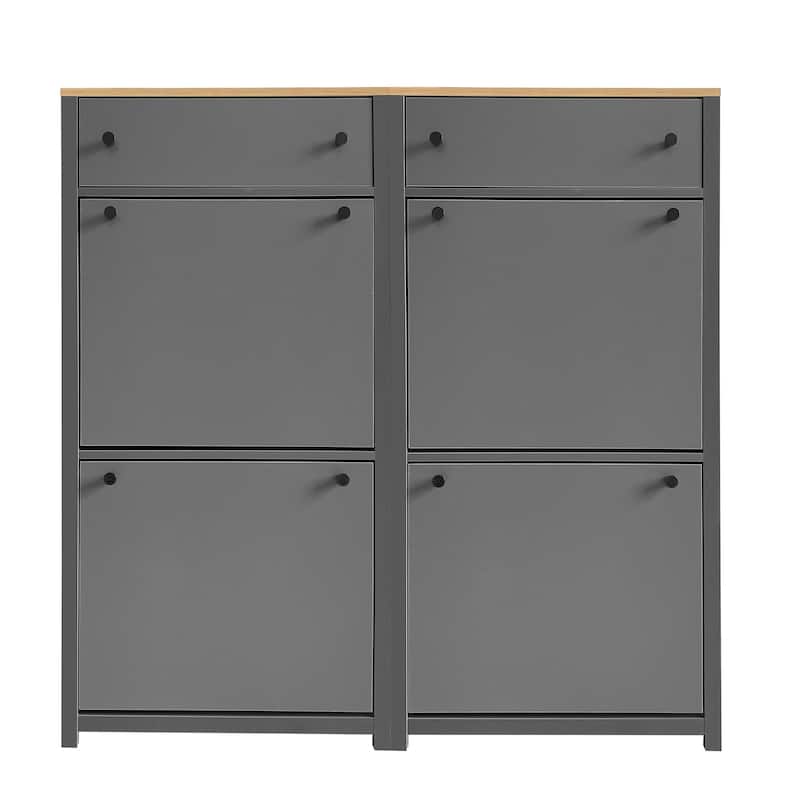 Roomfitters Narrow Shoe Cabinet Set with 4 Flip Compartments, Tipping Bucket Organizer with Adjustable Shelves
