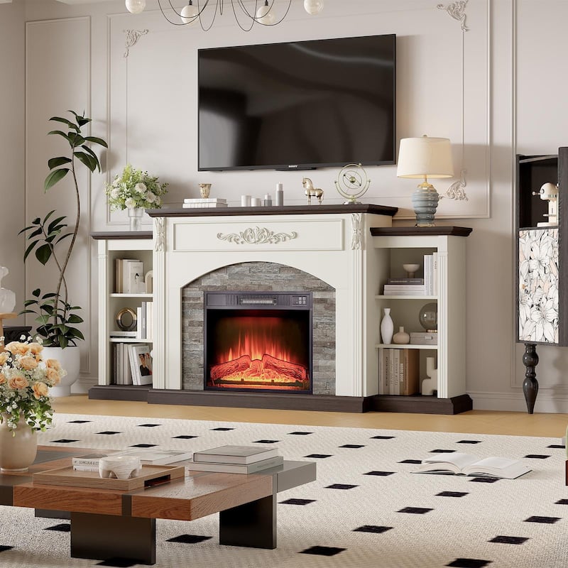 Classic 72 inch Electric Fireplace with Mantel White TV Stand Entertainment Center with Storage