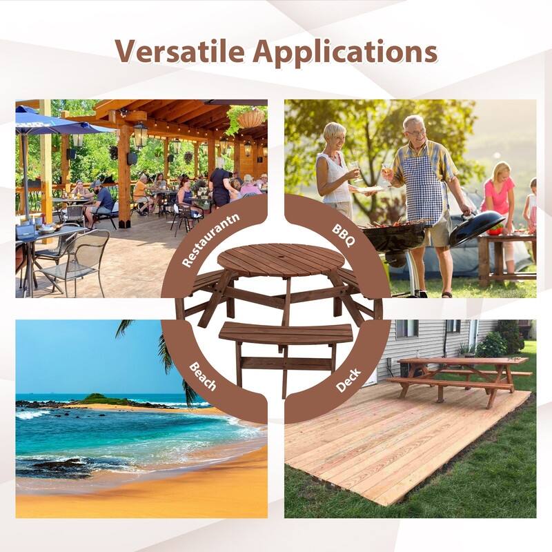 6-Person Round Wooden Outdoor Picnic Table With 3 Built-In Benches, Heavy-Duty 1720lb Capacity For Patio, Backyard.