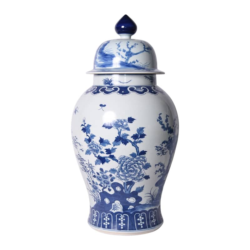 Blue and White Four Season Plants Large Temple Jar