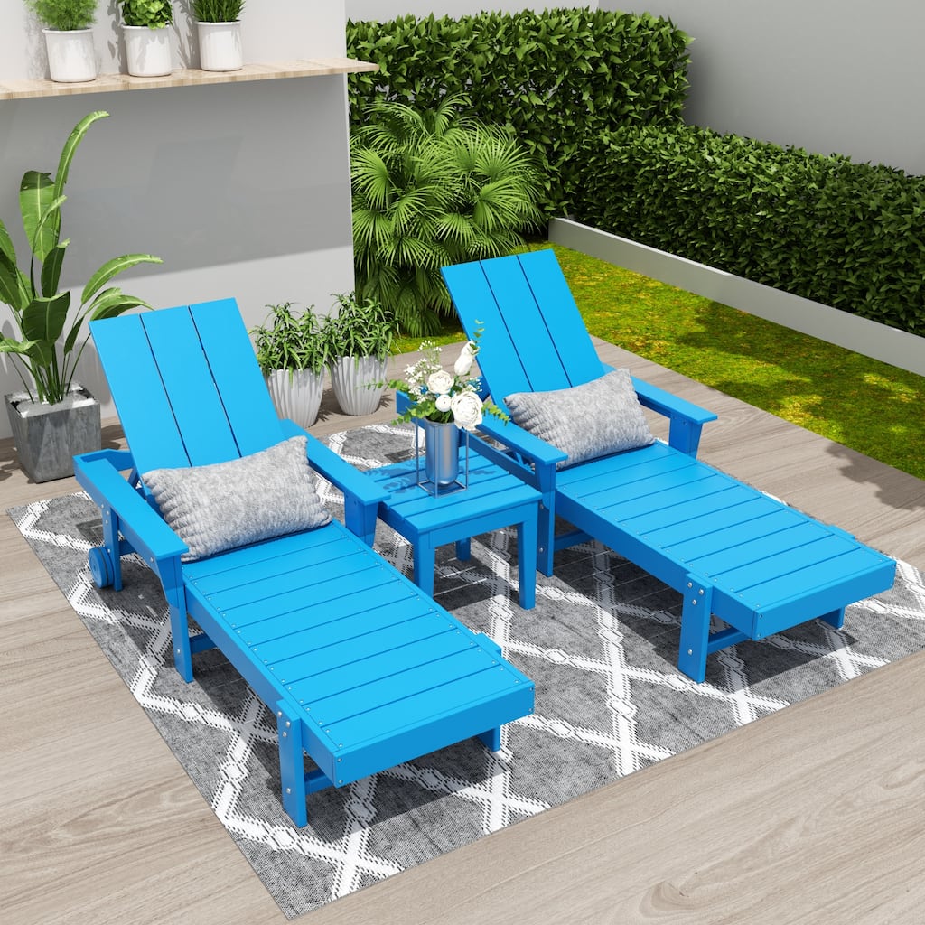Polytrends Shoreside Modern Poly Reclining Eco-friendly Chaise Lounge With Arms, Wheels, and Side Table (3-Piece Set)