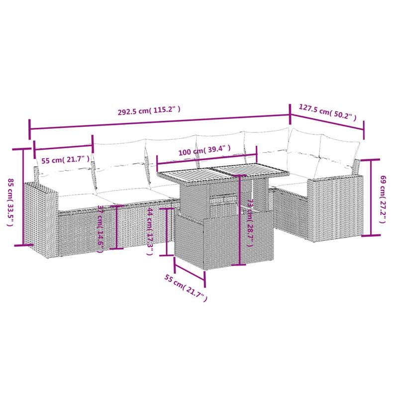 vidaXL Patio Sofa Set with Cushions Outdoor Furniture 7 Piece Poly Rattan - 24.4 x 24.4 x 27.2