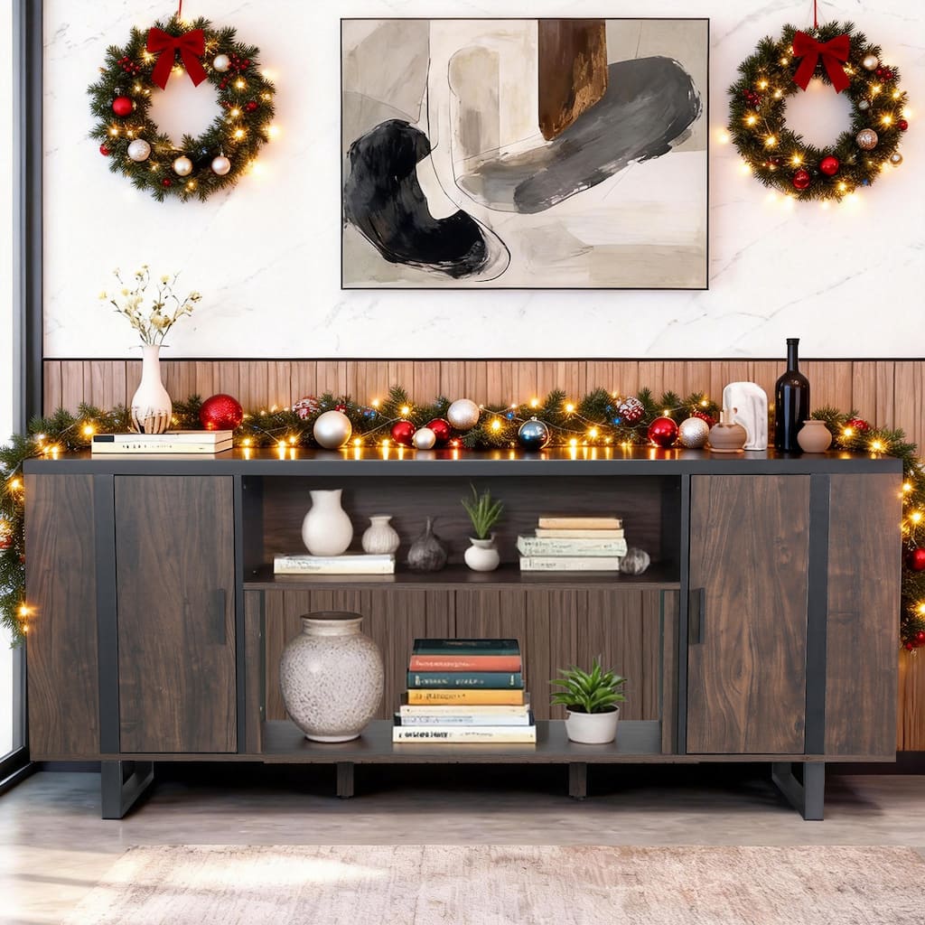 72" Farmhouse Walnut Wood Console TV Stand with Adjustable Shelves