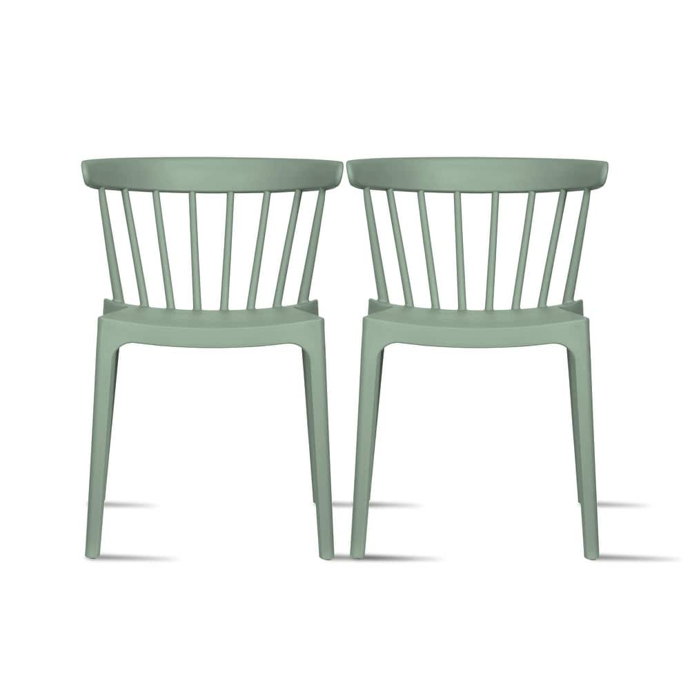 Set of 2 Stackable Modern Plastic Low Back Windsor Dining Chairs With Spindle Back For Kitchen Indoor Outdoor Patio Office