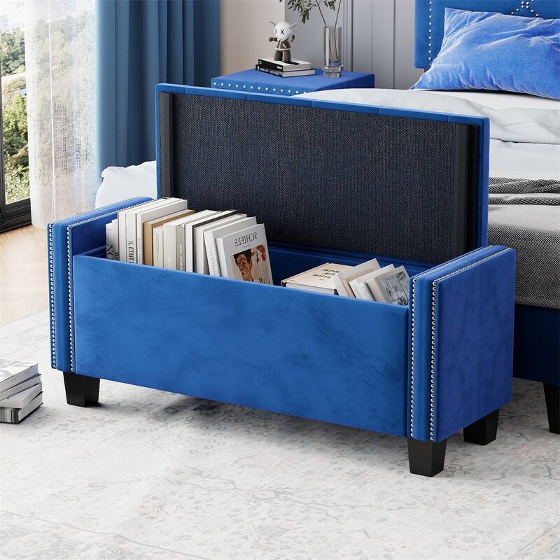 Upholstered Velvet Storage Ottoman Bench, Tufted Foot Rest Stool