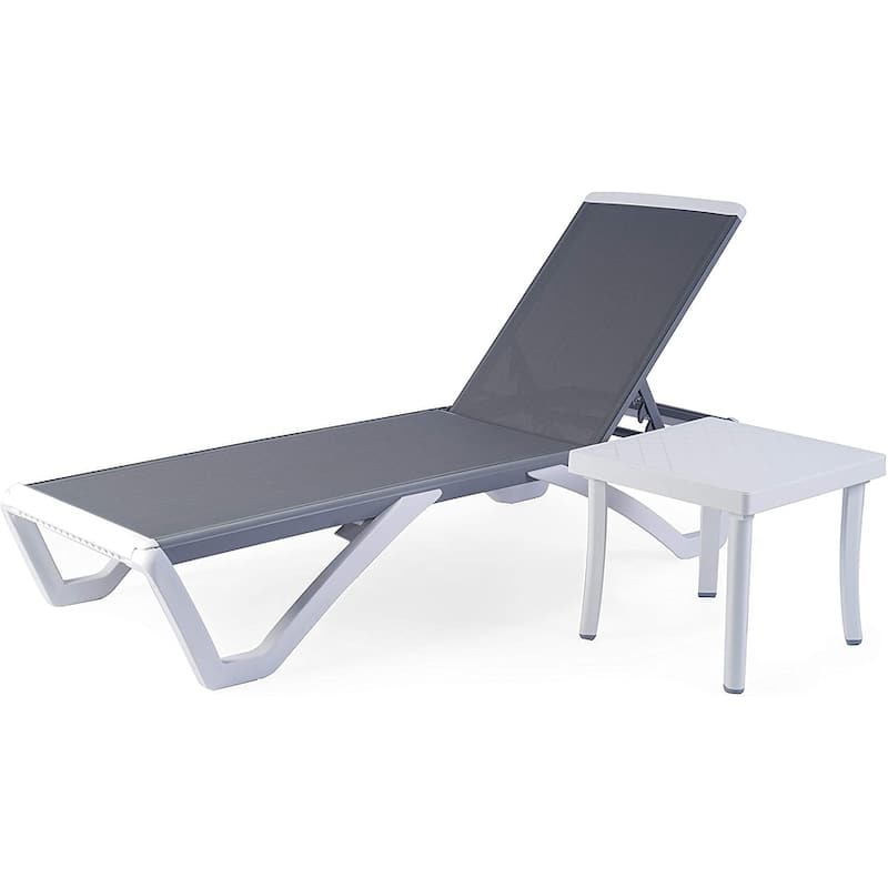 Kozyard Alan Full Flat Aluminum and Polypropylene Resin Legs Patio Reclining Adjustable Chaise Lounge -  Gray Textilene W/ Table