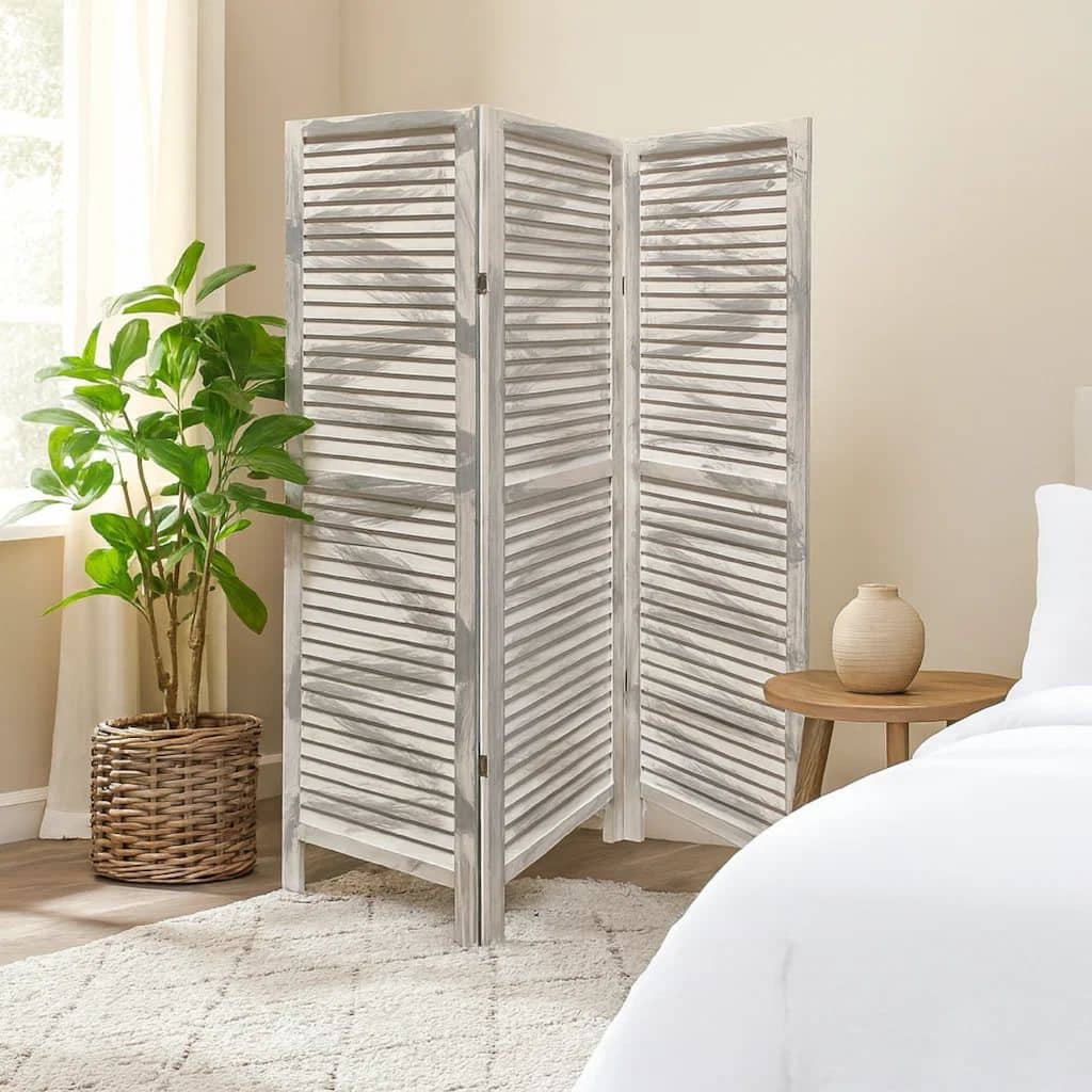 3 Panel Foldable Wooden Shutter Screen with Straight Legs, Gray