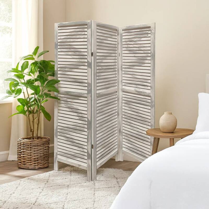 3 Panel Foldable Wooden Shutter Screen with Straight Legs, Gray