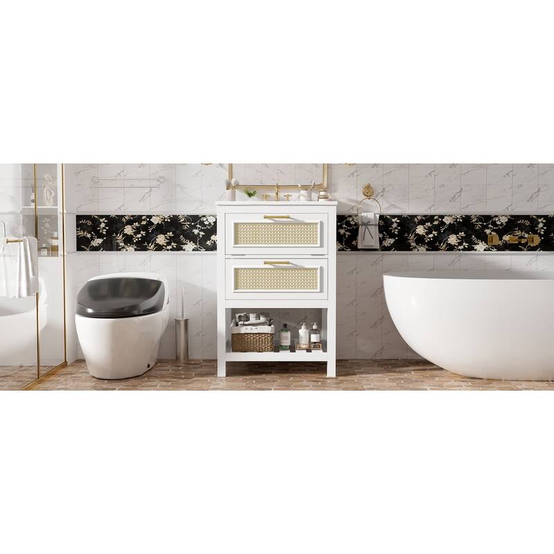 24"Bathroom Vanity with Integrated Ceramic Sink,Bathroom Cabinet with 1 Deep Drawer,1 Tip-Out Drawer,Single Sink Bathroom Vanity