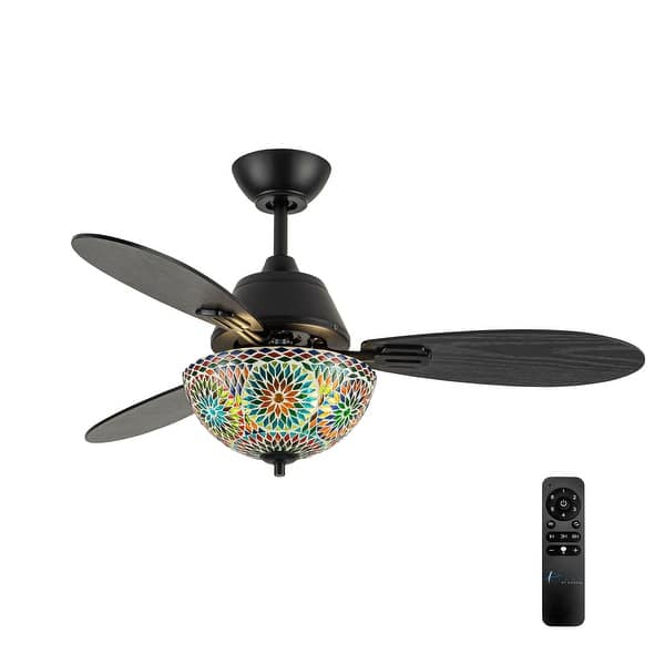 slide 2 of 15, River of Goods Costello 3-blade 42-inch Modern Indoor Ceiling Fan with Mosaic Glass Shade and Remote Control 42" x 42" x 18.75" - Multi-colored/Black - Remote
