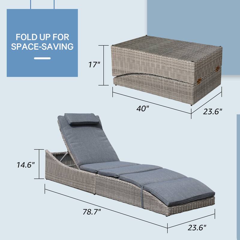 2 Pieces Wicker Cushioned Chaise Lounge Adjustable Recliner