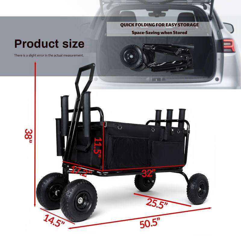 Fishing Cart Beach Cart Collapsible Wagon w/11'' All-Terrain Wheels for Sand, Heavy Duty Garden Cart with Rod Holders