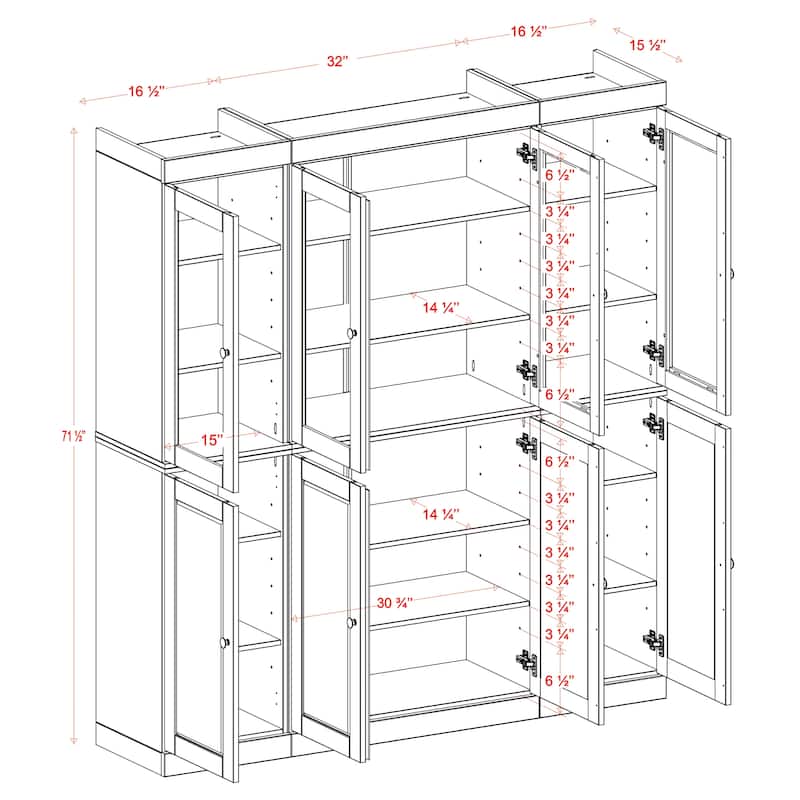 Palace Imports 100% Solid Wood 65" Pantry Cabinet with Clear Glass, Shaker Doors and Adjustable Shelves